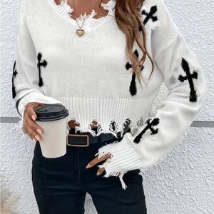 White Distressed Sweater with Black Crosses